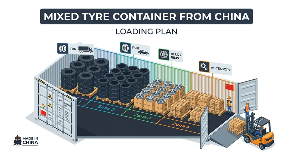Mixed tyre container from China with PCR tyres and TBR tyres